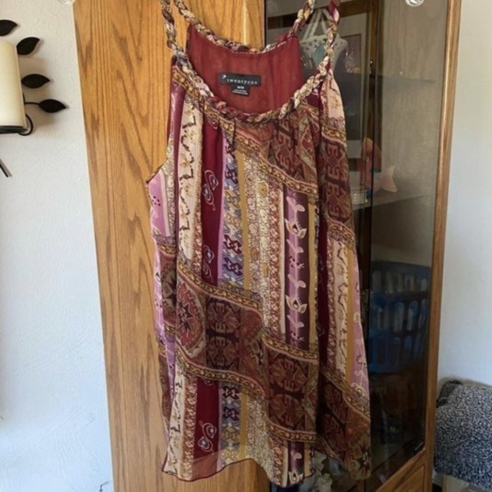 Twentyone Burgundy Boho Braided Rope Shoulder Straps Flowy Scarf Blouse M